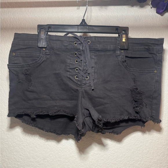 Billabong Black Jean Shorts with Distressed Lace-Up Design - Picture 6 of 8